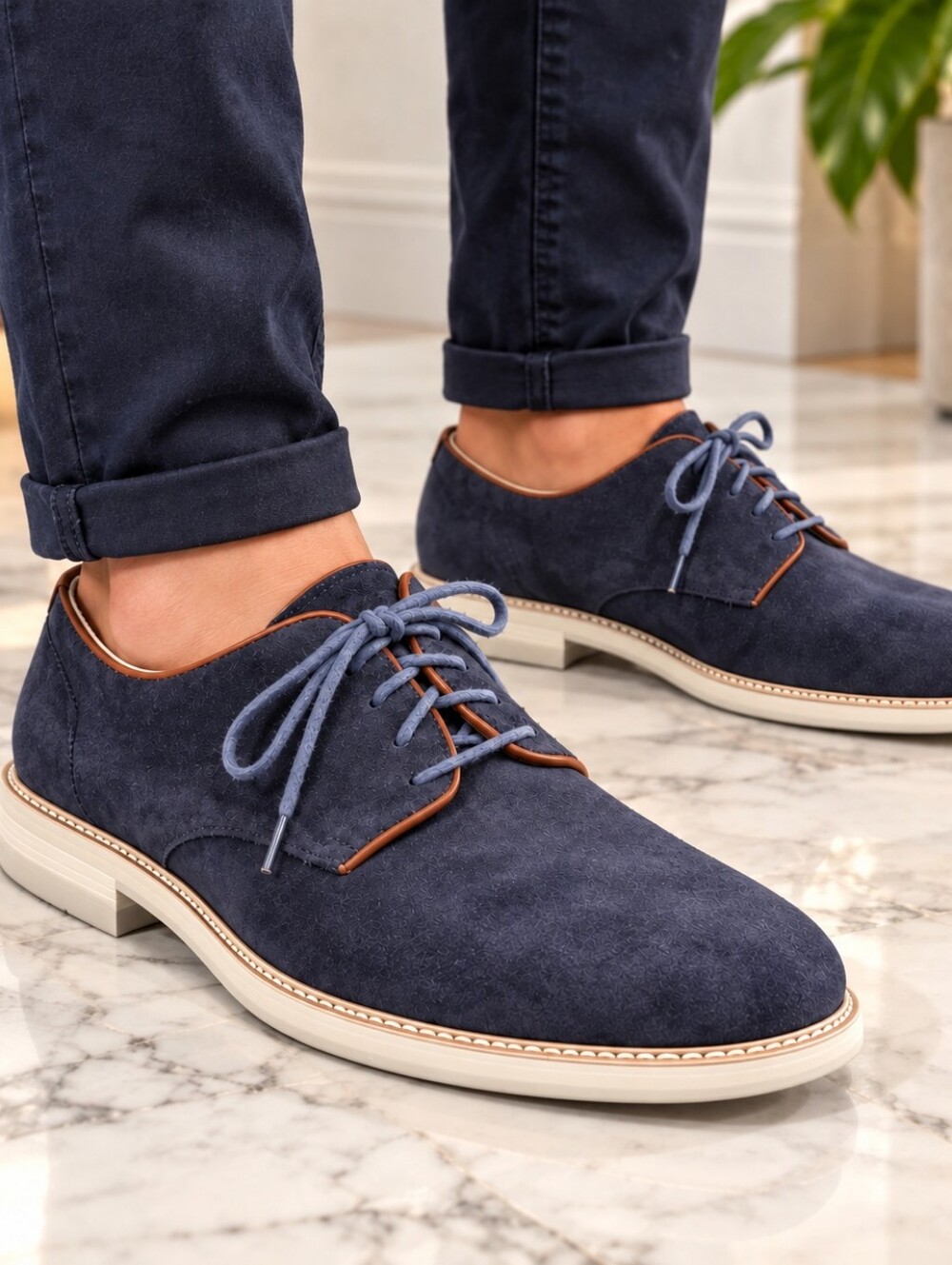 Johnston & Murphy Barlow Mens 9 M Navy Nubuck Suede Sheepskin Lace Up Oxford
